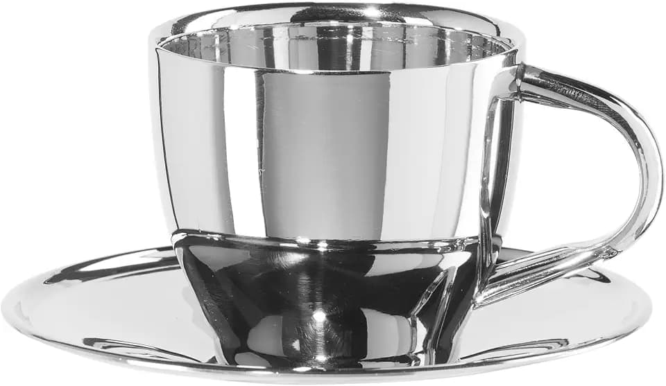 Oggi Insulated Coffee Cups 6oz - Saucer Included - Dual Wall Stainless Steel Technology Coffee or Tea Cup with Elegant Mirror Finish
