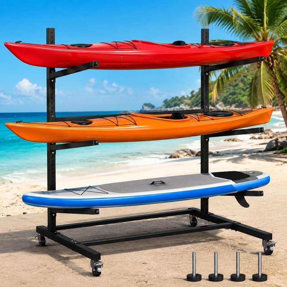 Kayak Storage Rack with Wheel, Adjustable Kayak Racks, Carbon Steel Water Sport Watercraft Storage Rack for Canoes or Surfboards
