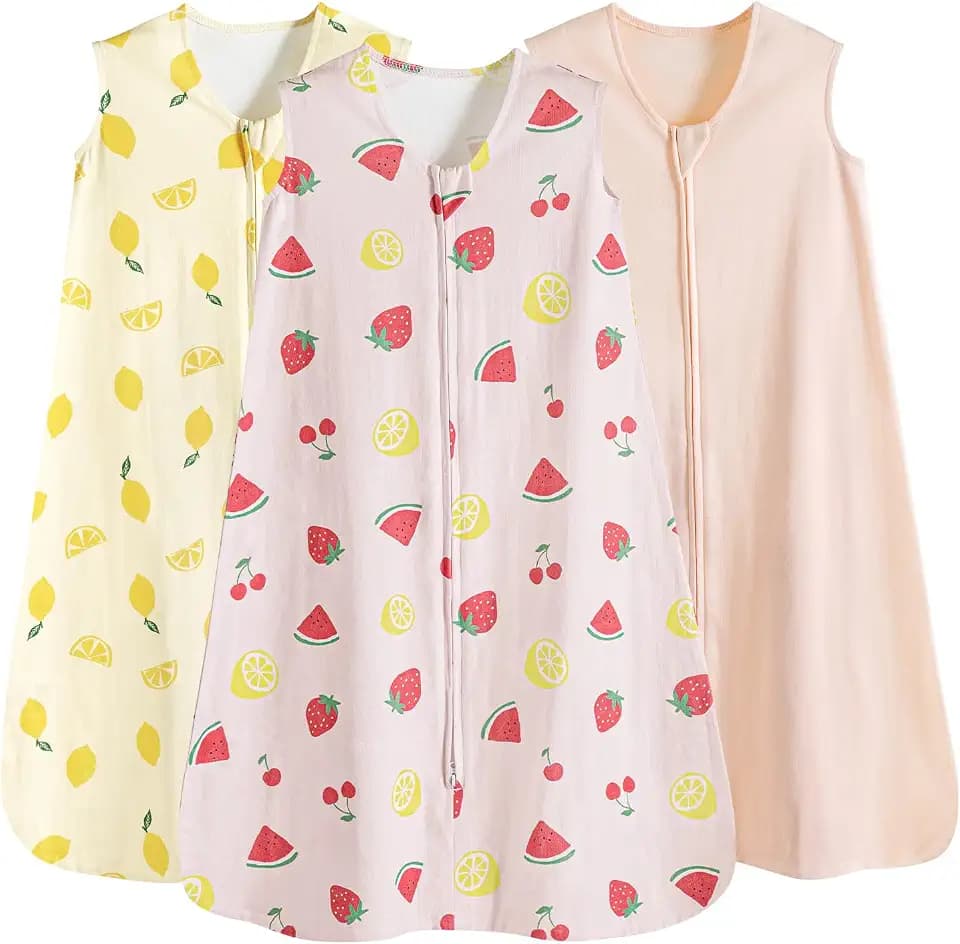 PHF 100% Organic Cotton Baby Sleep Sack 18-24 Months, Soft Lightweight Wearable Blanket for Babies, 2-Way Zipper 0.3 TOG Comfy Toddler Sleeping Sack 3 Pack for Boys Girls, Lemon (X-Large)