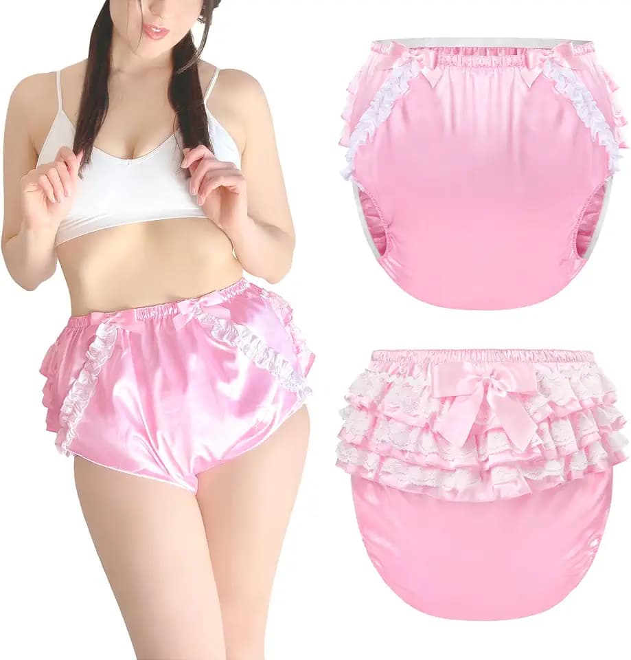 Littleforbig Washable Reusable Waterproof Ruffled Lace Bow Pretty in Pink Satin Over Adult Diaper Cover M