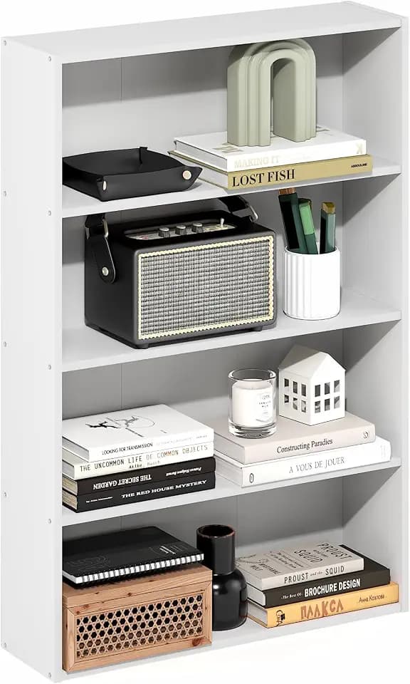Furinno Basic Book Shelf, 4-Tier Bookcase with Open Shelf, Bookshelf, Cube Storage Organizer, 6 x 24 x 35, for Living Room, Bedroom, Home Office, White