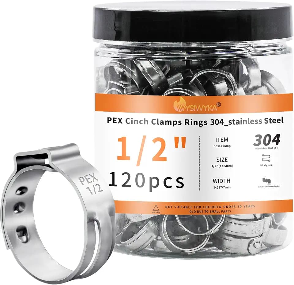 120pcs 1/2 inch PEX Cinch Clamps Rings, 304 Stainless Steel Pex Crimp Rings, Heavy Duty Thickened Single Ear Hose Clamps for PEX Tubing Pipe Fitting Connections