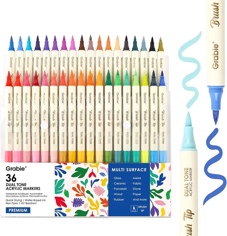 Grabie 72 Color Acrylic Paint Markers, Pack of 36 Dual Tip Brush Pens