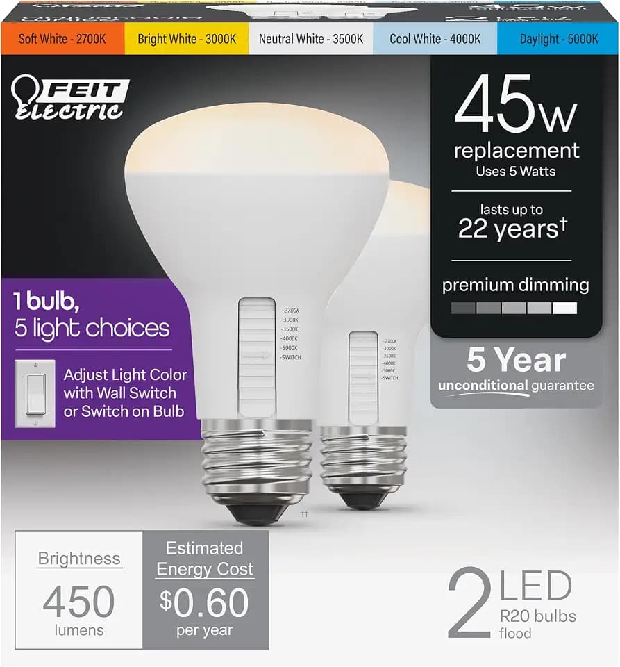 Feit Electric R20 LED Light Bulb, 45W Eq, 5CCT 6Way, 2 Pack