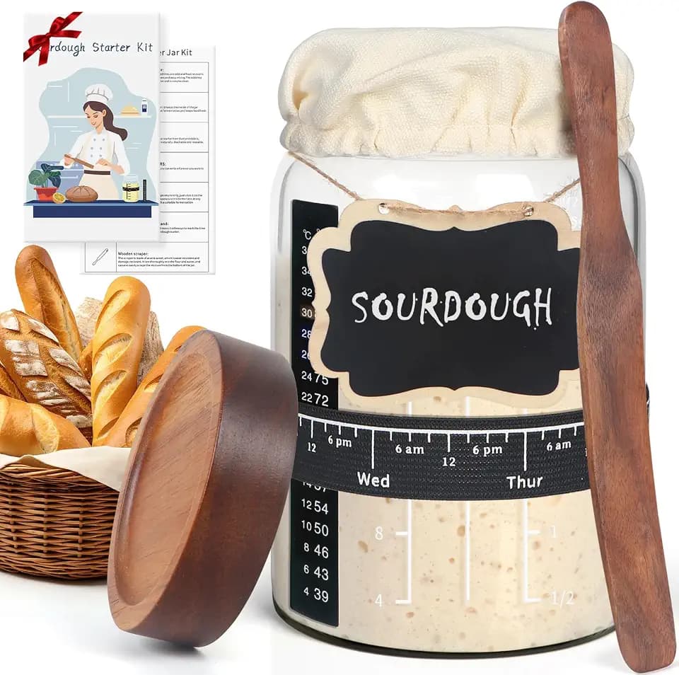 Sourdough Starter Jar Glass, 34 Oz DIY Wide-mouth Pro Sourdough Starter Jar Kit with Acacia Spatula, Cholkboard Sign, Thermometer, Feeding Band, cloth cover, Reusable Sourdough Bread Baking Supplies.