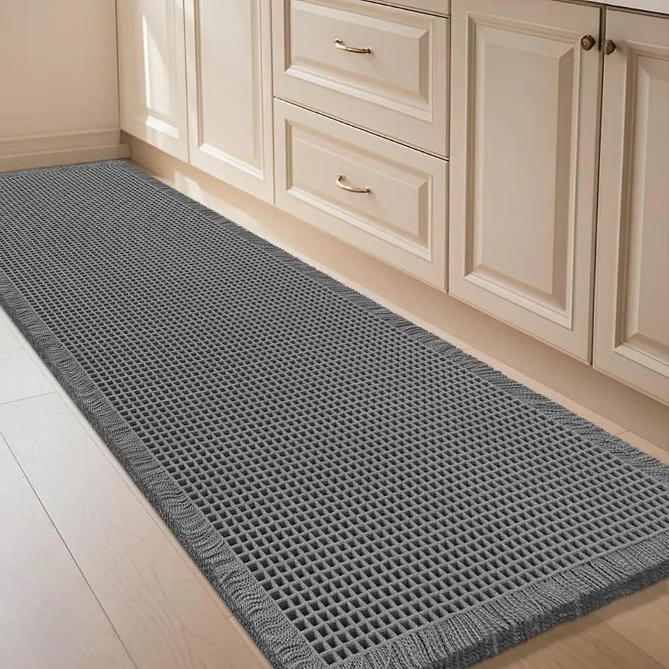 IM HOME Waffle Bath Mat Grey 5'x2', Boho Woven Modern Bath Mat Rugs, Absorbent Non Slip Bathroom Rugs, Soft Washable Bath Rugs with Tassels for Bathroom, Bedroom, Kitchen, Shower, Tub
