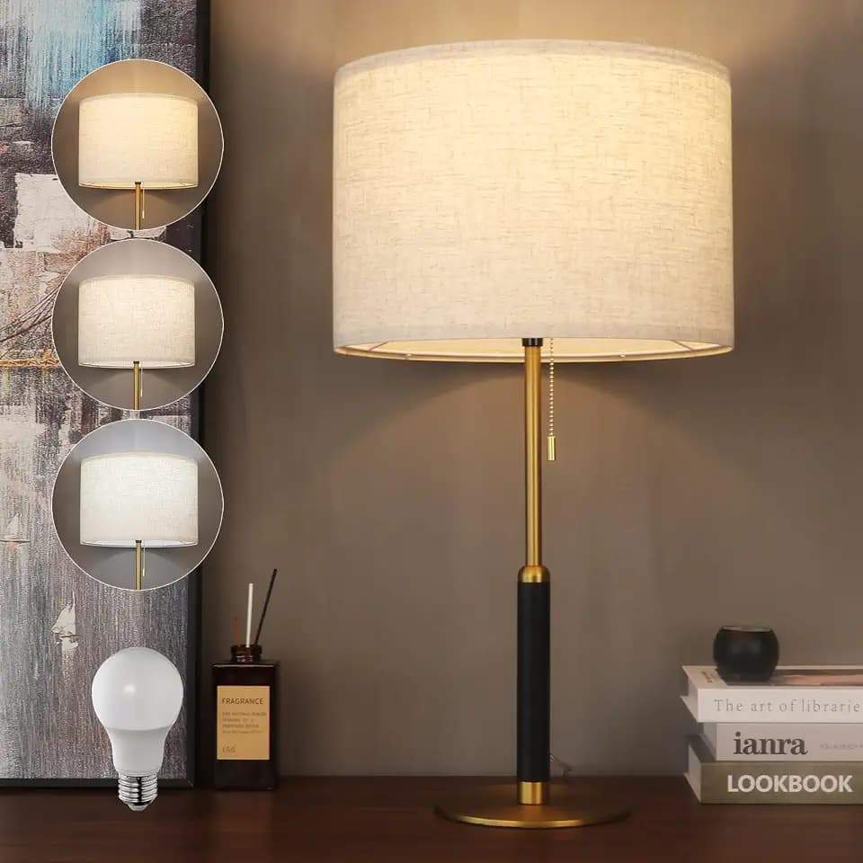26.4" Pull Chain Table Lamp Modern Mid Century Bedside Lamps for Living Room End Tables 3-Color Light for Bedroom, Solid Wood/Metal/Fabric Lamp for Home/Office/Desk Decor (Light Brown+Brass)