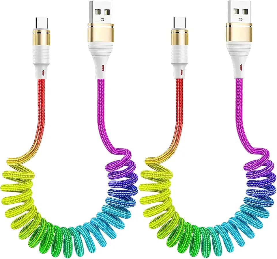 Rainbow Coiled Fast Charging Cable,USB C Spring Retractable Charger Cable for Car,3FT Nylon Braided Coiled Type C Data Charging Cable for Phone 15/15Pro/15Plus/15Pro Max