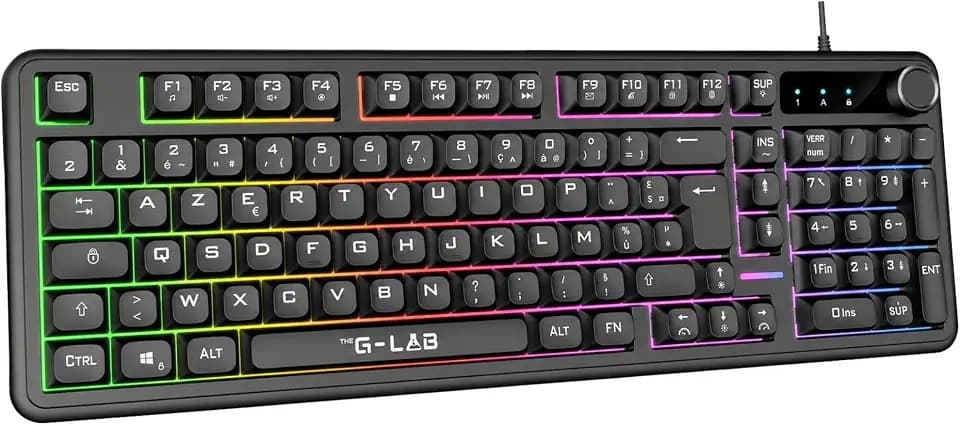 The G-Lab Keyz Caesium EX B Gaming-Tastatur, kabelgebunden, AZERTY, 98%, reaktionsschnelle und leise, Anti-Ghosting mit 26 Tasten, Rainbow-Hintergrundbeleuchtung, Lautstärkeregler, Gaming-Tastatur PC