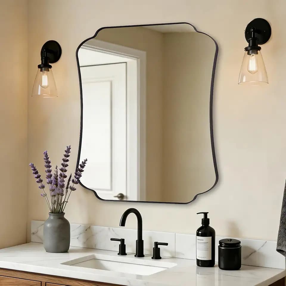 ANDY STAR Bathroom Vanity Mirror, 24x30 Matte Black Rectangle Mirror with Scalloped Round Corner, Vintage Asymmetrical Metal Wall Mirror for Entryway, Living Room