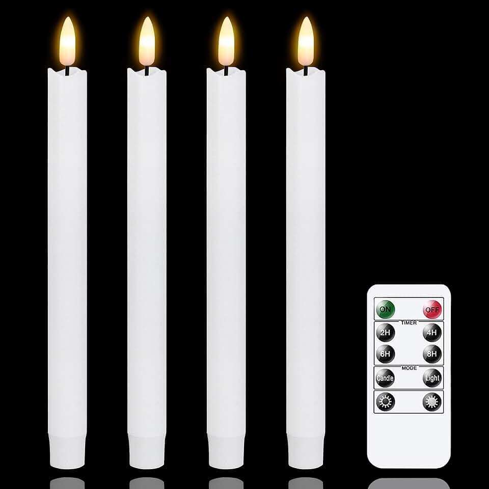 LED Stabkerzen mit Timerfunktion,Flammenlose Batteriebertriebene Weiße Echtes Wachs 3D-Docht Fernbedienung Warmes Licht, Flackernde Flamme 4 Stück Gefälschte Elektrische Kerzen(2 x 25CM)