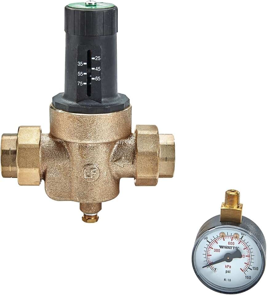 Watts 1-Inch Lead-Free Water Pressure Reducing Valve, Double Union, NPT Threaded Union Female Inlet/Outlet, Adjust 25-75 PSI, Gauge Tapping, 160 PSI Gauge