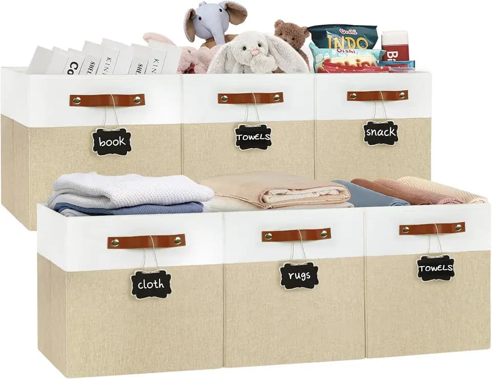 Patvingot 13-Inch Linen Storage Cubes with Labels and PU Handles,4 Pack