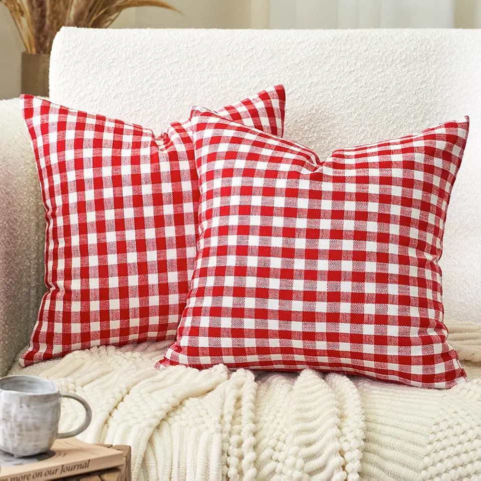 Red White Gingham Plaid Christmas Euro Pillow Sham Covers 26x26 Set of 2