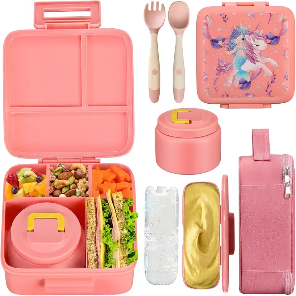 JXXM Bento Lunch Box for Kids With 8oz Soup Thermo,Leak-proof Lunch Containers with 5 Compartment,Thermo Food Jar and Lunch Bag, Food Containers for School (A-Pink(Unicorn - Mermaid))