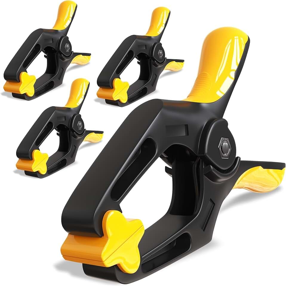 EQUIPTZ 6 inch Spring Clamps Heavy Duty - 4 Pack Large Plastic Clamps for Woodworking, Crafts, Backdrop and Pool Cover with 3 inch Mouth Opening - Rust Free Spring Clips with Non-Detachable Jaw Pads