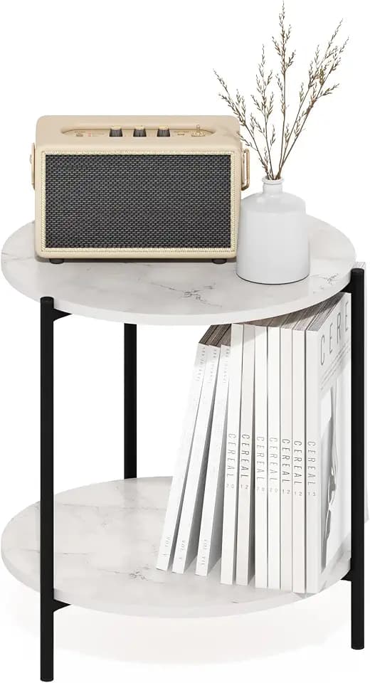 Furinno Besi 2-Tier Modern Round Side End Table with Sturdy Metal Legs, 15.55 (W) x 10.58 (H) x 5.46 (D) inches, Marble White
