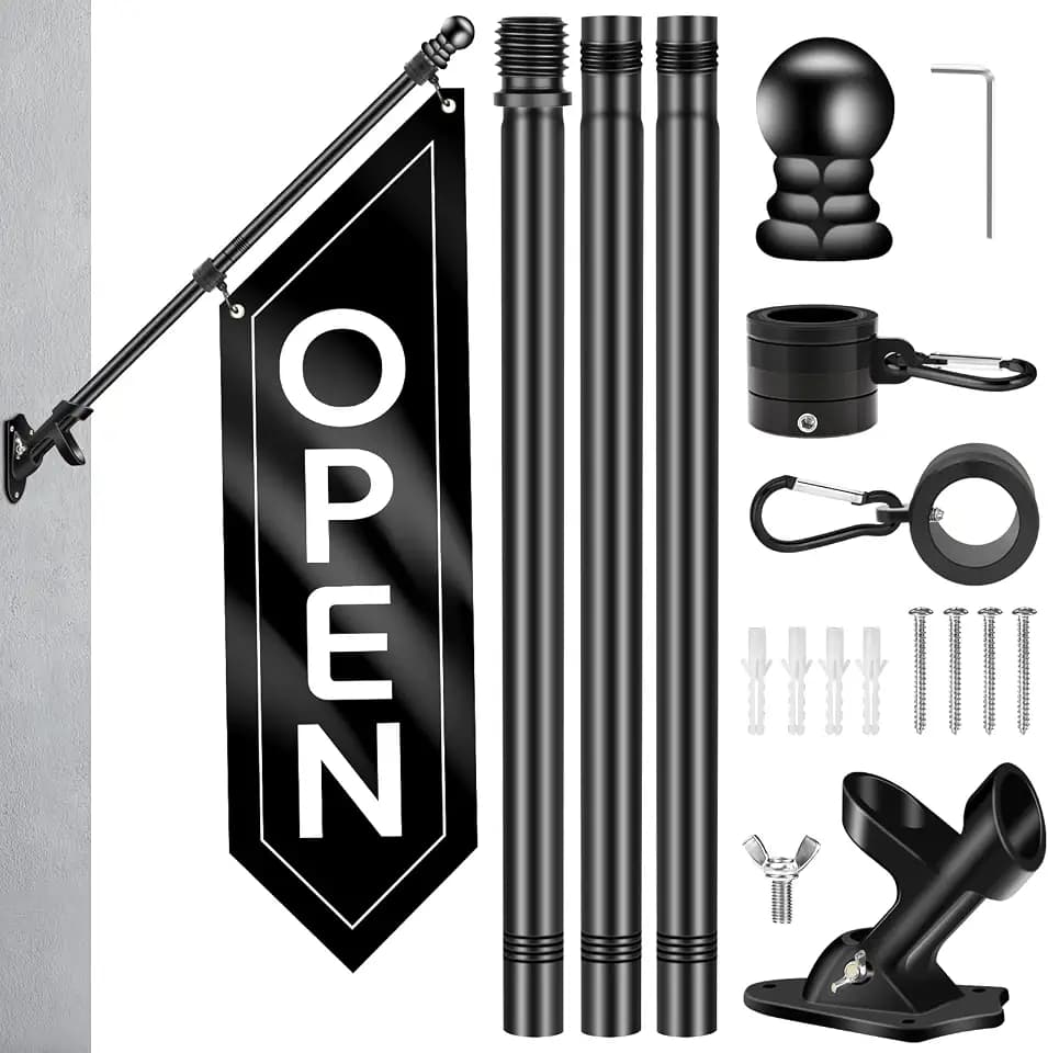 Open Flag with Pole Kit - Heavy Duty Double-Sided Open Banner for Business Storefront, Outdoor Advertising Sign with Mounting Bracket for Retail & Shops (Black-41"x12")