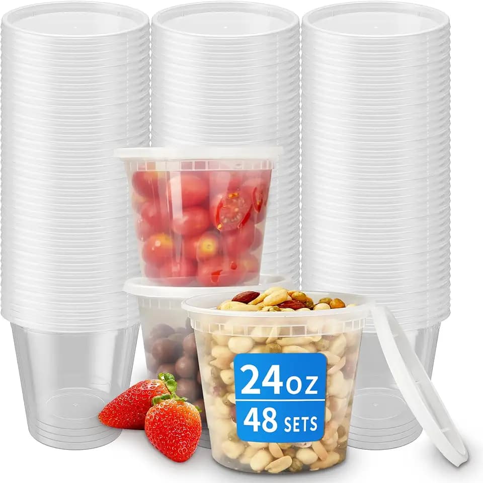 Plastic Deli Containers with Lids, 48 Sets 24 oz Leakproof Soup Cups