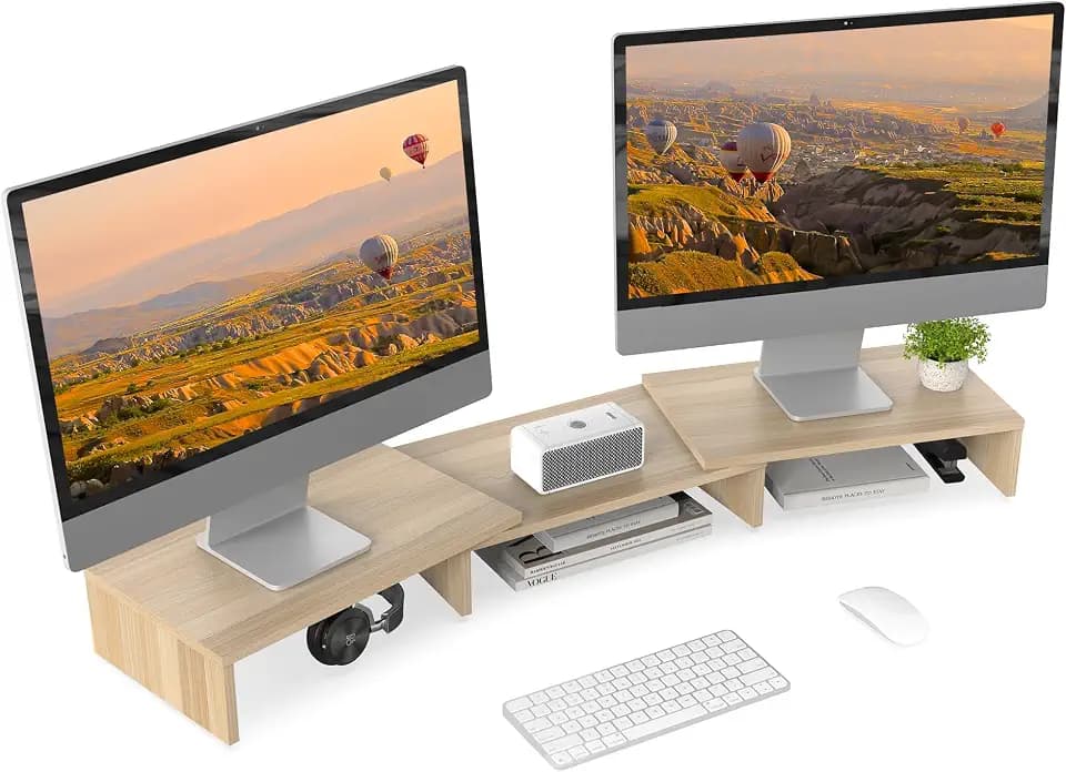 FITUEYES Dual Monitorständer,Verstellbare Länge und Schwenkwinkel,Eiche
