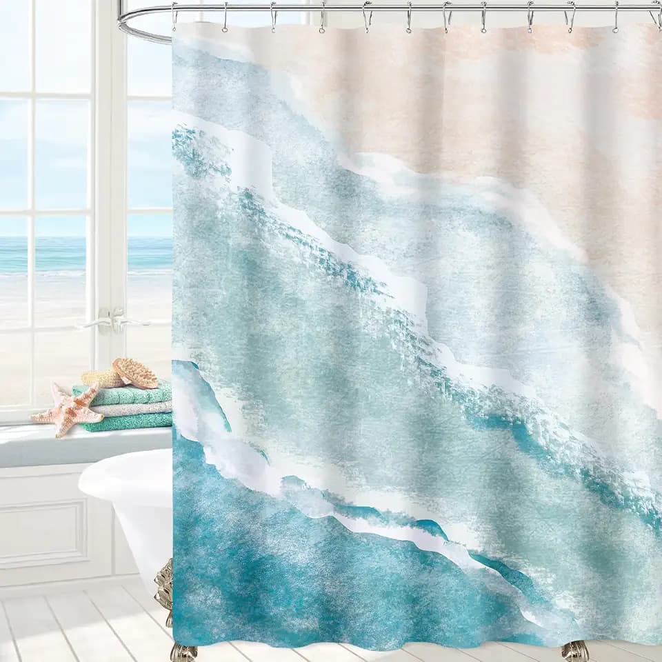 MAYZUS Beach Ocean Themed Shower Curtain 60x72 for Bathroom, Teal Blue