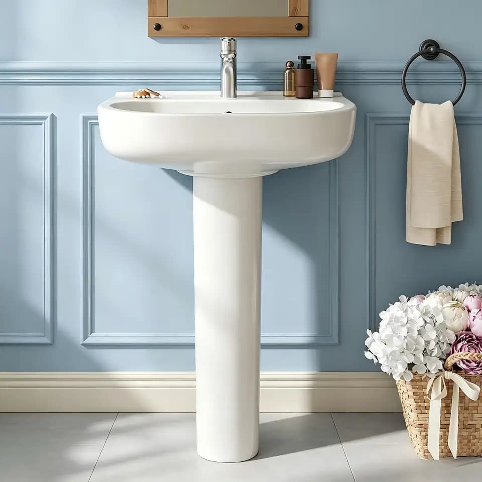 Garvee 22" W X 17" D Bathroom Pedestal Sink, Pedestal Sink Combo for Restroom,White Freestanding Ceramic Pedestal Sink With Overflow Hole and Pre-Drilled Single Hole