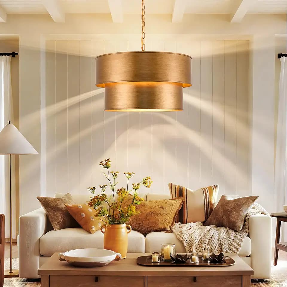 21" Gold Chandelier Light Fixture,Drum Chandeliers with 2 Layer Metal Shade