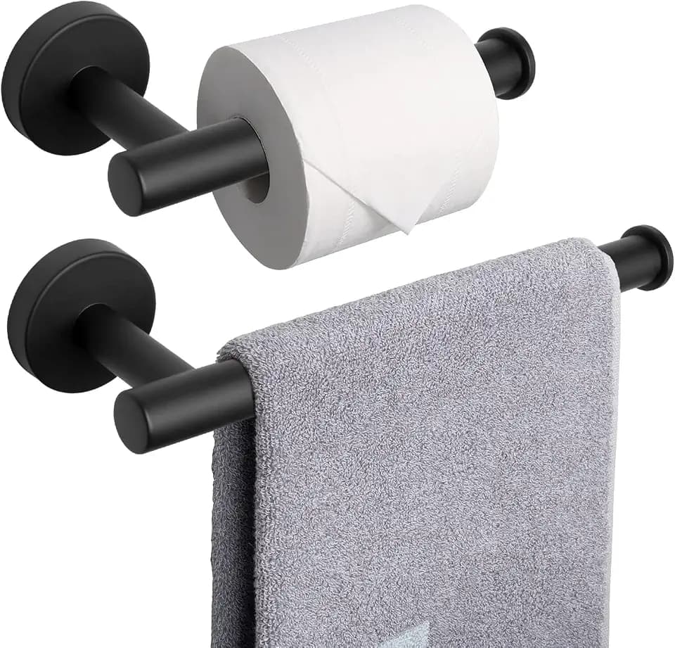 NearMoon Bath Toilet Paper Holder+ Hand Towel Holder, 2 Pieces Bathroom Hardware Set- Premium 304 Stainless Steel Toilet Roll Holder and Towel Rack Wall Mounted for Kitchen (Matte Black)