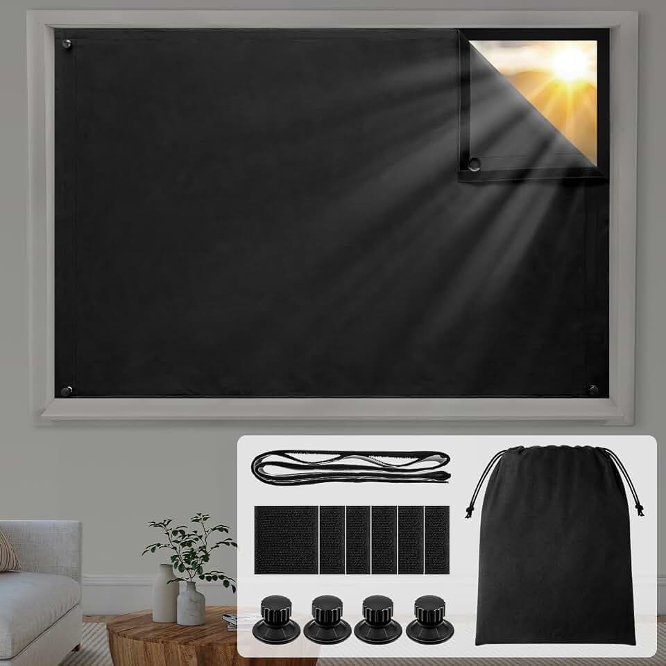 HOMEIDEAS 100% Travel Blackout Curtains, Portable No-Drill Blinds with Stickers & Suction Cups, Blackout Window Cover Light Blocking Shades for Bedroom, Baby Nursery, Dorm, RV, 50" W × 78" L