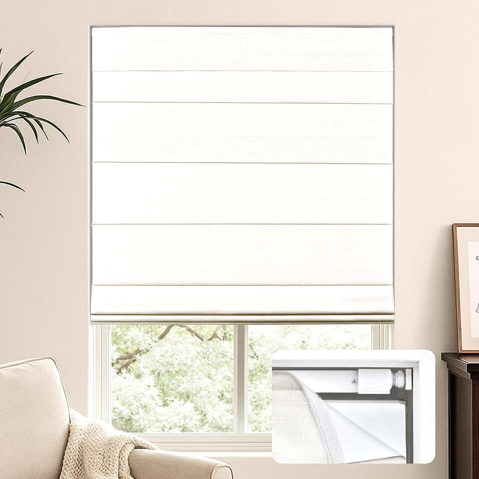 LazBlinds No Drill Cordless Roman Shades for Windows, 26" W x 60" H, White