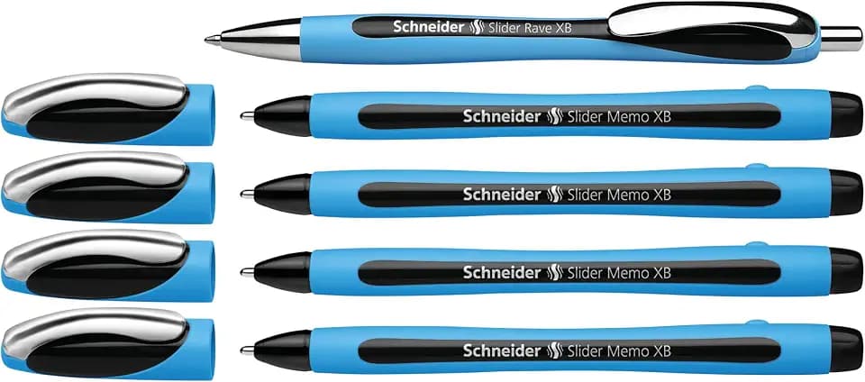 Schneider Slider Memo XB + Slider Rave XB (Extra Broad) Ballpoint Pens, 1.4 mm, 4 + 1 Assortment, Light Blue Barrel, Black Ink, Promo Box of 5 Pens (150245)