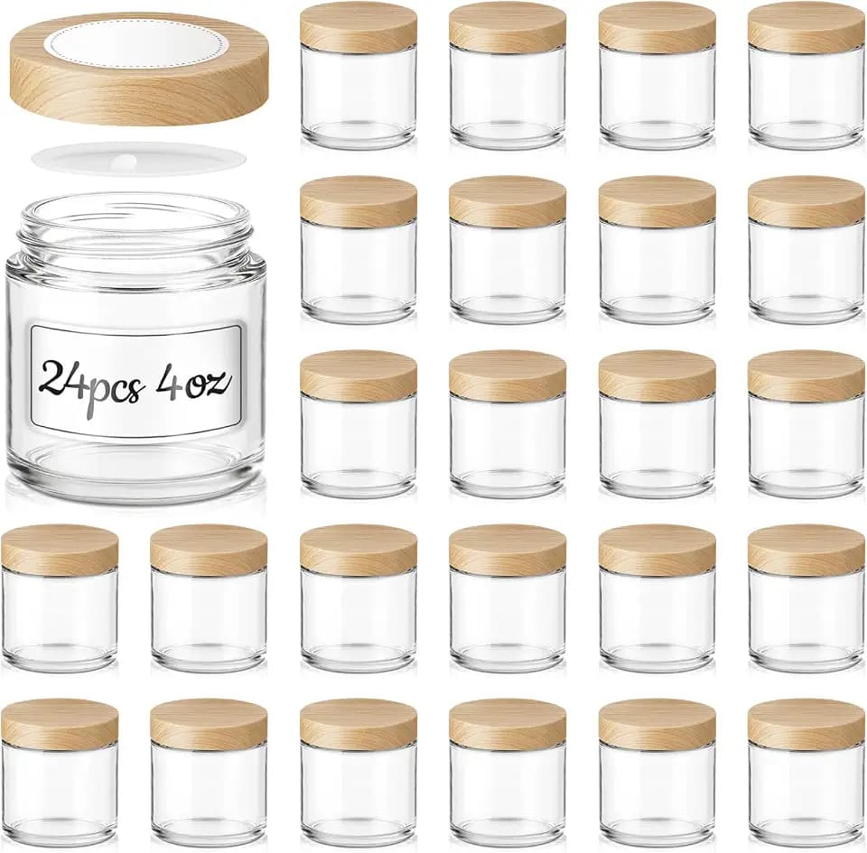 4 oz Glass Jars with Lids, 24 Pack Small Glass Jars with Woodgrain Lids