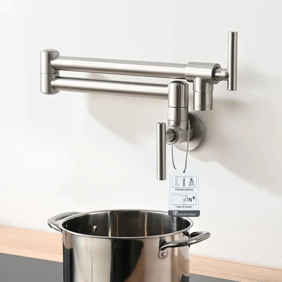 Pot Filler Faucets - for Kitchen, Sink, Stove and Bar with Brass Wall Mount Double Joint Swing Arms - Leak Free Designs with High-Flow Aerators - Retractable and Folding Save Space - Brushed Nickel