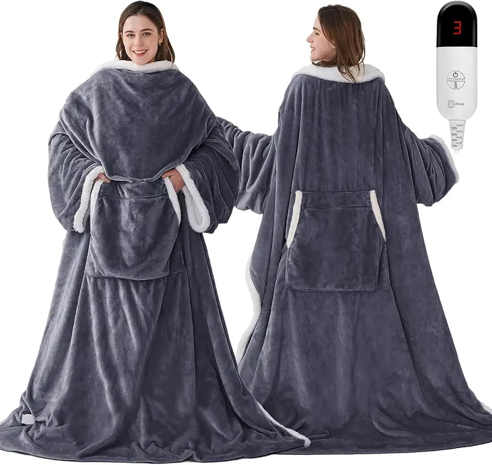 Wearable Heated Blanket with Foot Pockets, Electric Wearable Throw Blanket with Sleeves, Wearable Electric Blanket with 6 Heat Levels Settings, Fixed 4H Auto-off, Gift for Family, Friends, 50*70"