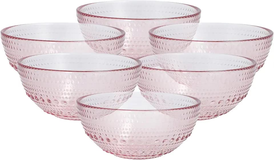 FORTESSA Jupiter Beaded Hobnail Glass Vintage Themed Collection, 14 Ounce All-Purpose Glass Bowl (6 pack) Dishwasher-Safe, Snack Bowl For Cereal, Salad, or Dessert, Pink