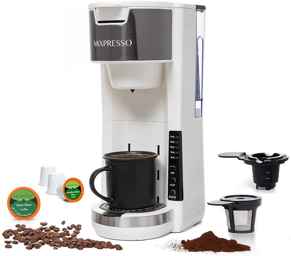 Mixpresso White Single Serve Coffee Brewer K-Cup Pods Compatible & Ground