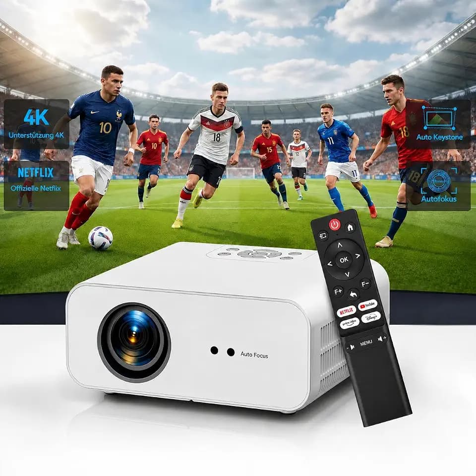 Beamer 4K【Offiziell lizenzierte App】 1300 ANSI Autofokus & 6D Trapezkorrektur Smart Projektor Heimkino, ZOOMCAT 1080P Full HD WiFi6 Bluetooth 5.3 Outdoor Beamer, kompatibel mit Netflix