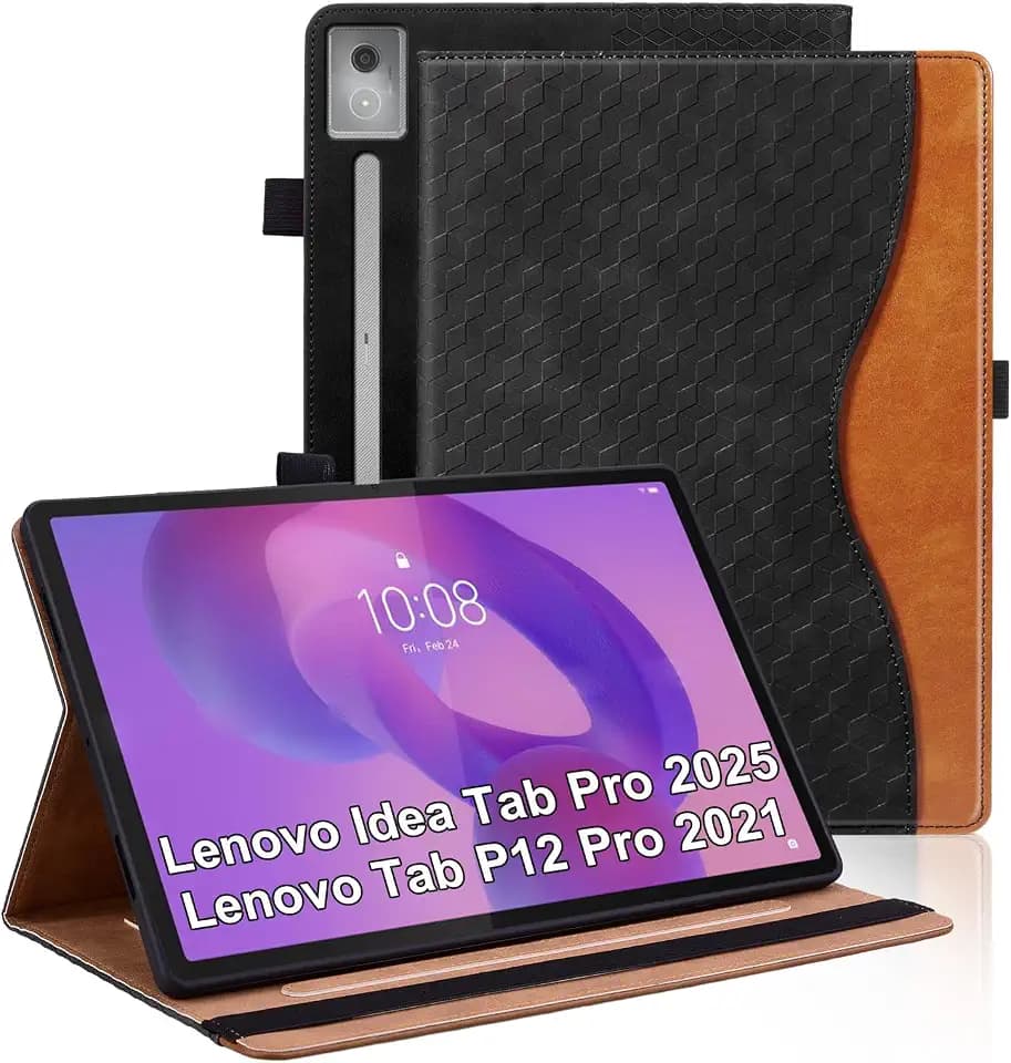Hülle für Lenovo Idea Tab Pro 12.7 Zoll 2025/Lenovo Tab P12 Pro Schutzhülle mit Pencil Halter Ledertasche Cover Case mit Auto Schlaf/Aufwach Kartentasche für Lenovo Tab Pro - Schwarz
