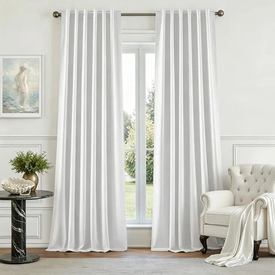 HOMEIDEAS 100% Blackout Faux Silk Greyish White Curtain 52W x 108L 2 Panels