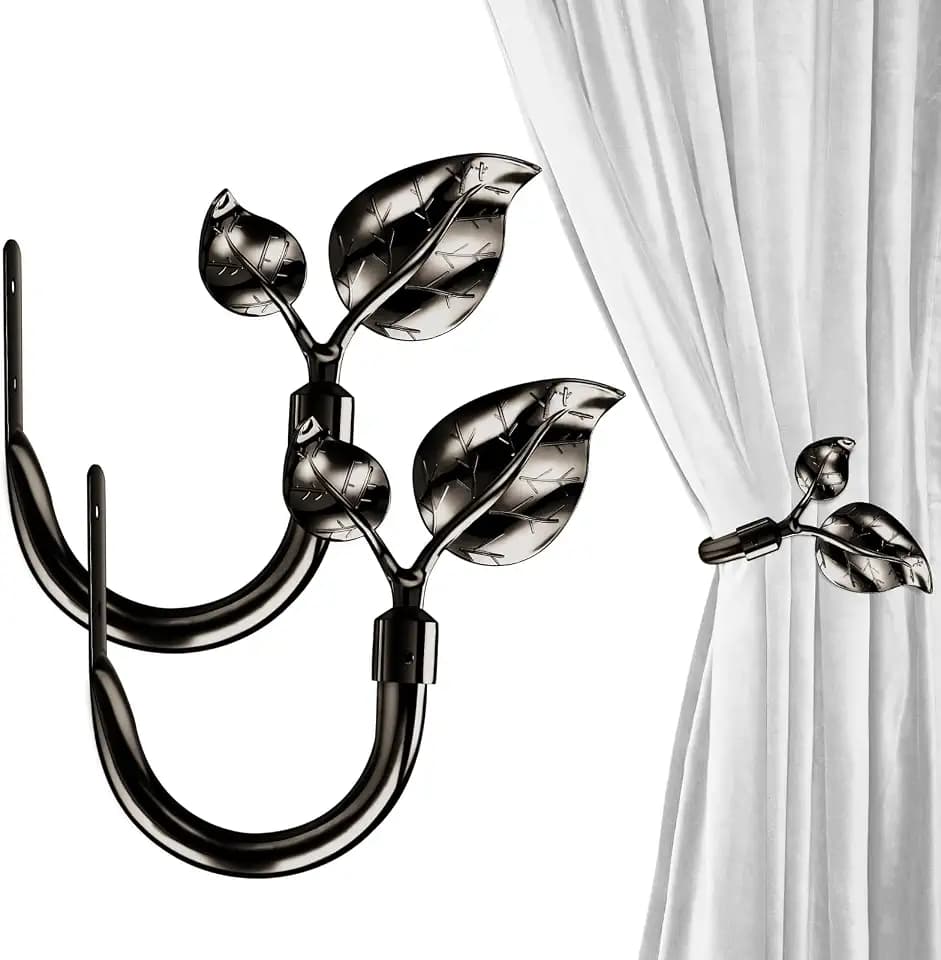 HIKMLK Leaf Shaped Curtain Tieback Holdbacks 2pcs, Handmade Metal Curtain Side Holders for Wall, Curtain Hook Pull Backs for Drapes Window Decoration