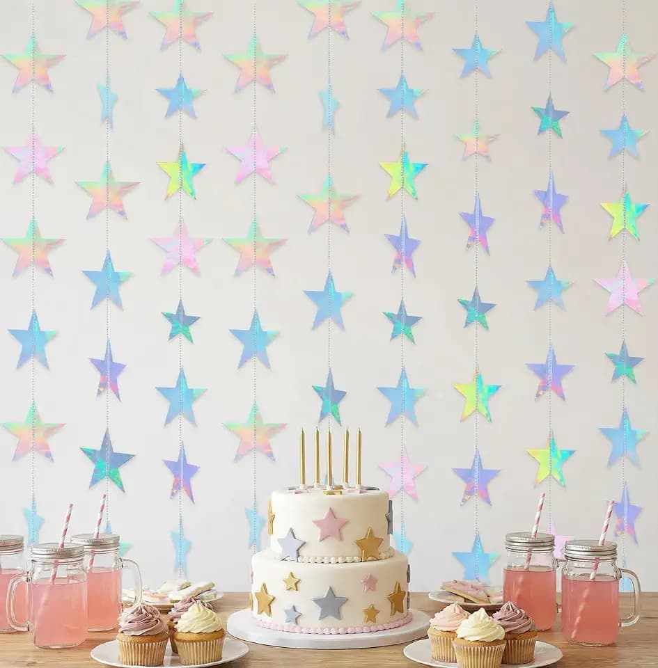 4-Pack Star Garland, Iridescent Star Garland Banner, 52 Feet Twinkle Twinkle Little Star Decorations for Christmas,4"x13ft Each,Holiday Party Hanging Decor,Birthday Decorations,Graduation Decorations