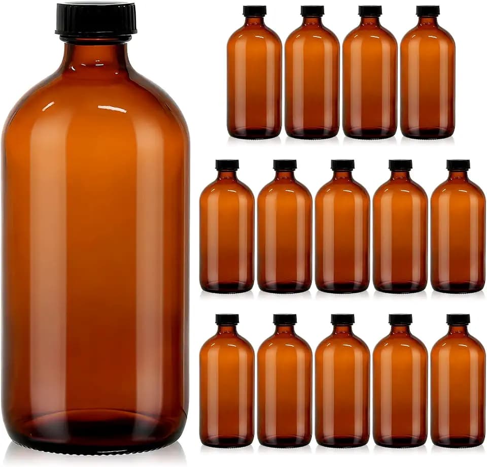 15 Pack 16 oz Amber Glass Boston Round Bottles with Polycone Caps