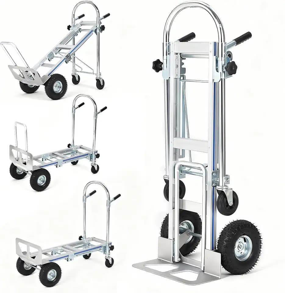 Aluminum 3-in-1 Folding Hand Truck & Dolly Cart, 1000LB Heavy Duty with 10" Wheels - Convertible Utility Cart for Warehouse, Construction, Factory, Indoor Outdoor Use