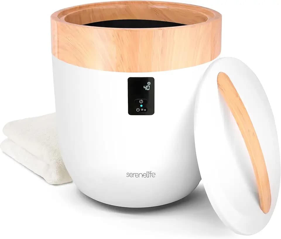 SereneLife Counter Towel Warmer Bucket - with Customized Fragrance for Spa and Bathroom, Luxury Heater, Auto Shut Off, Fits 1 Large Blanket, Bathrobe, PJs (Wood)