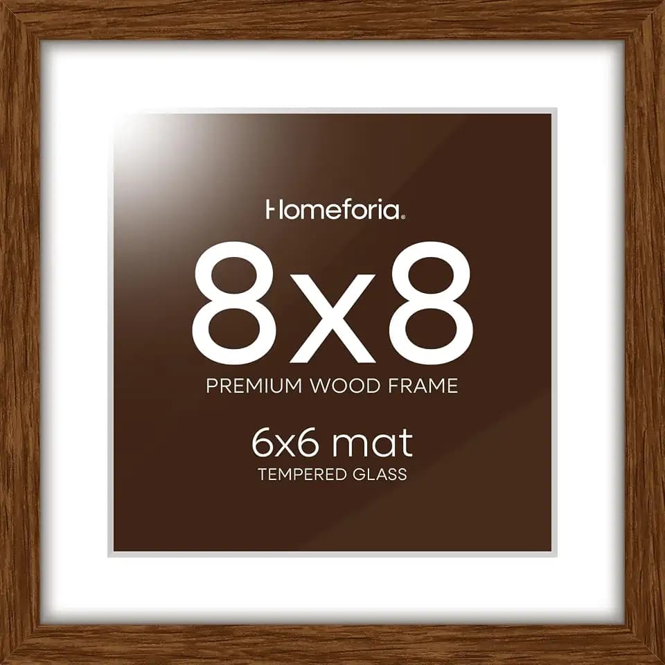 Homeforia 8x8 Brown Oak Picture Frame, High-End Wood, 6x6 Mat, Glass