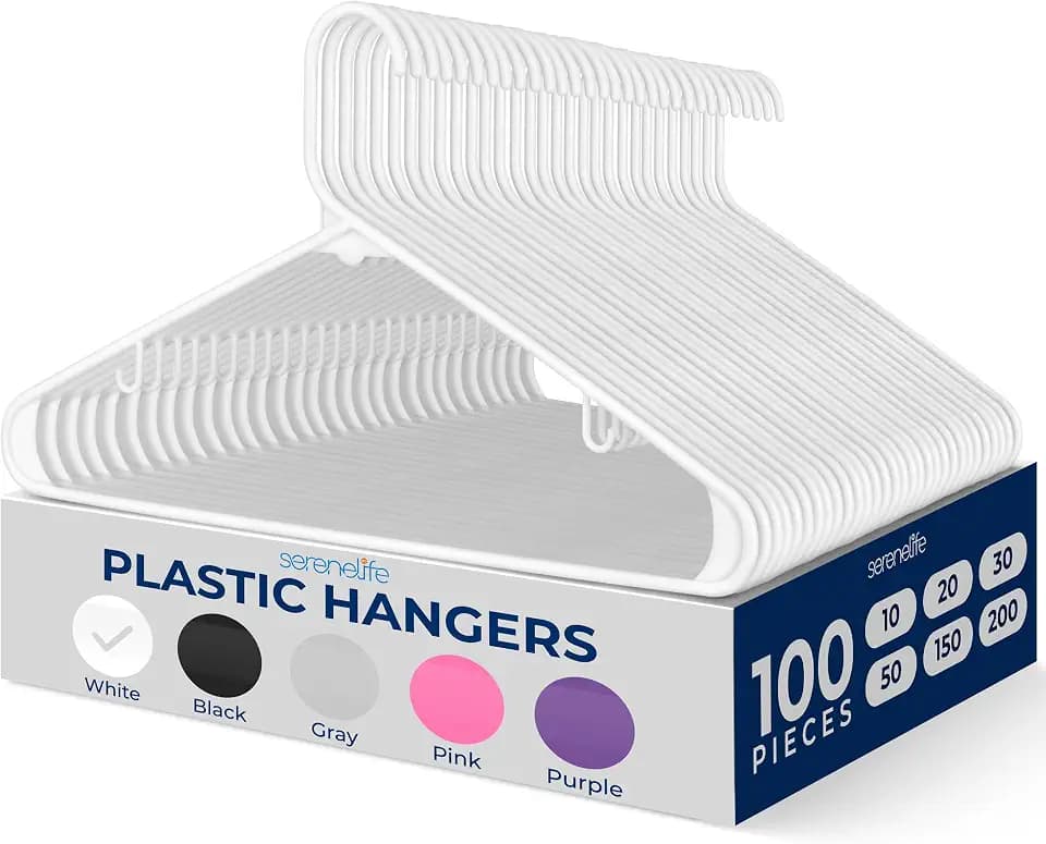 SereneLife 100 Pack Plastic Hangers, Non-Slip, Space-Saving Closet Organizers, Durable and Strong for Shirts, Sweaters, Hoodies, Kids Clothes & Dresses, Ultra-Thin, Lightweight