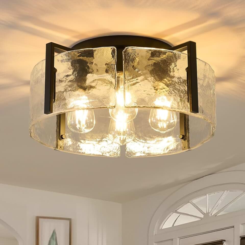 Black Semi Flush Mount Ceiling Light Fixture, 17.7-Inch Glass Drum Flush Mount Light Farmhouse Modern Lights Kitchen Lighting Fixtures for Foyer Entryway Hallway Bathroom Bedroom Laundry Room