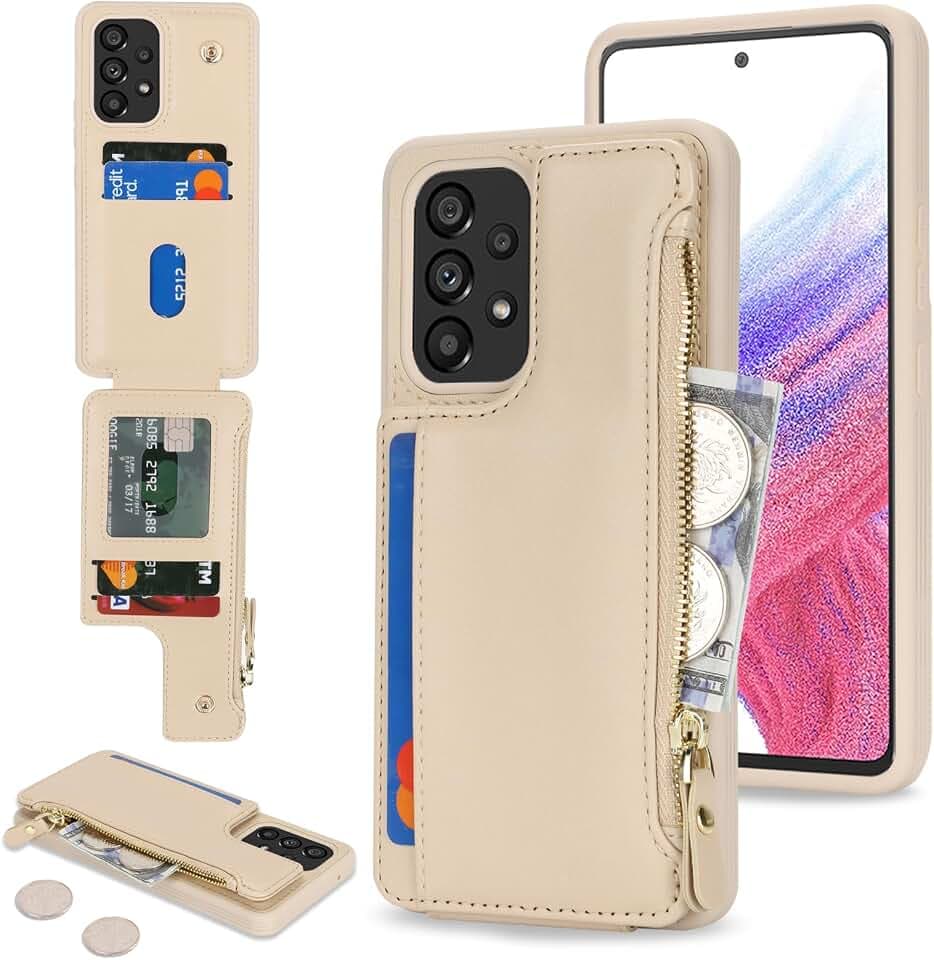 SailorTech Handyhülle für Samsung Galaxy A53 5G Etui mit Kartenfach, Samsung Galaxy A53 5G Hülle mit Kartenhalter, Samsung A53 5G Handyhülle mit Reißverschluss Geldbörse - Aprikose