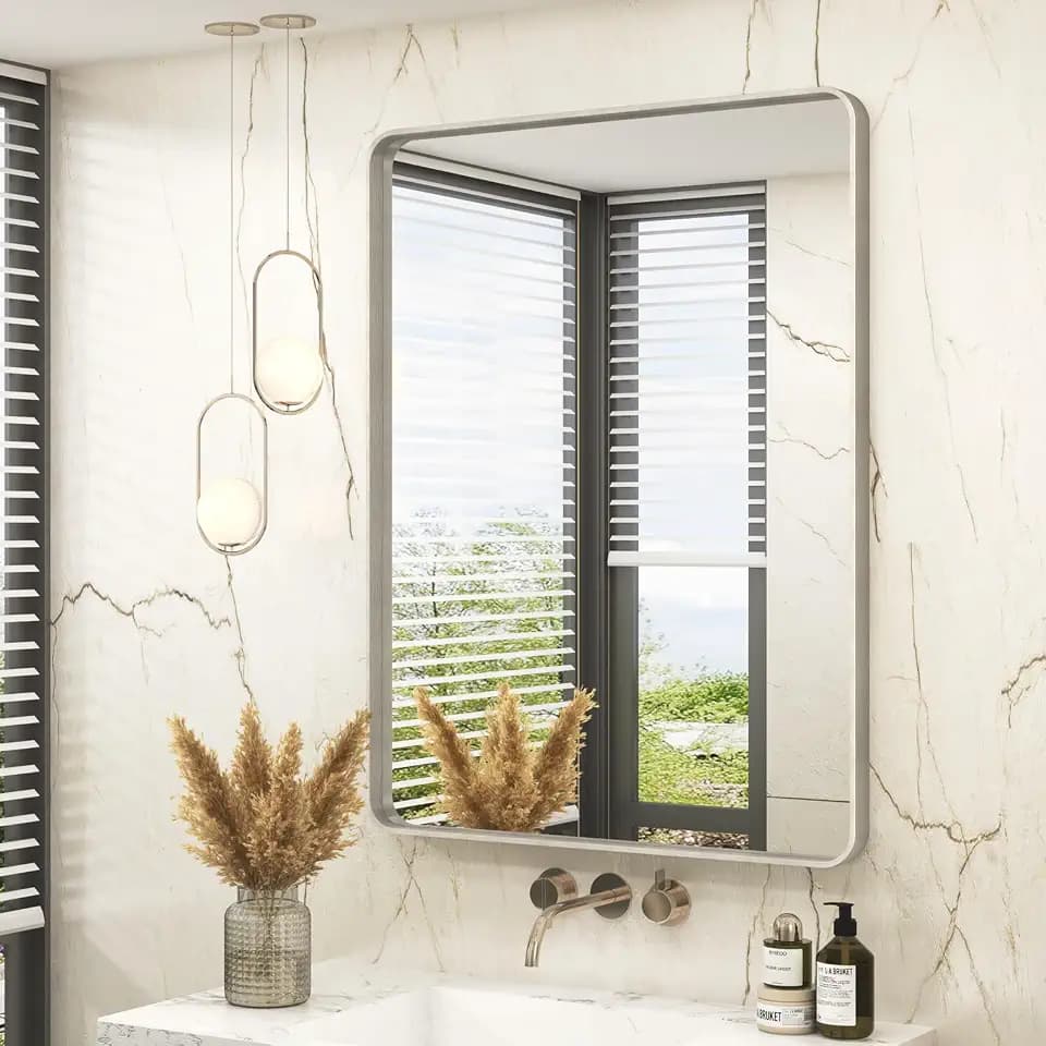 28x36 Inch Brushed Nickel Bathroom Mirror, Brushed Silver Metal Framed Wall Mirror, Rounded Rectangle Bathroom Vanity Mirror, Anti-Rust, Shatterproof (Horizontal/Vertical)