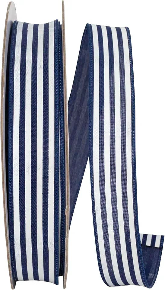 Reliant Ribbon Striped Linen Value Wired Edge, Navy/White, 1-1/2 Inch, 50 Yards